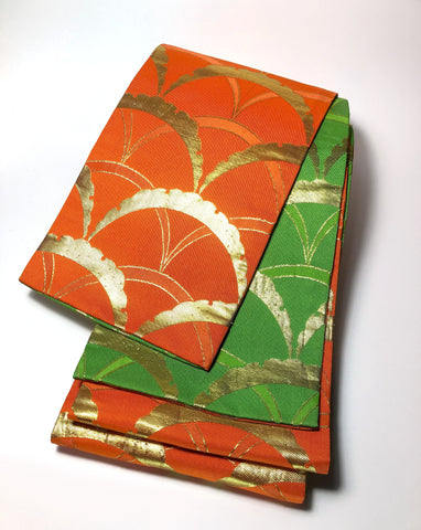 Reversible hanhaba obi - highlighter green and vivid orange with golden half-circles