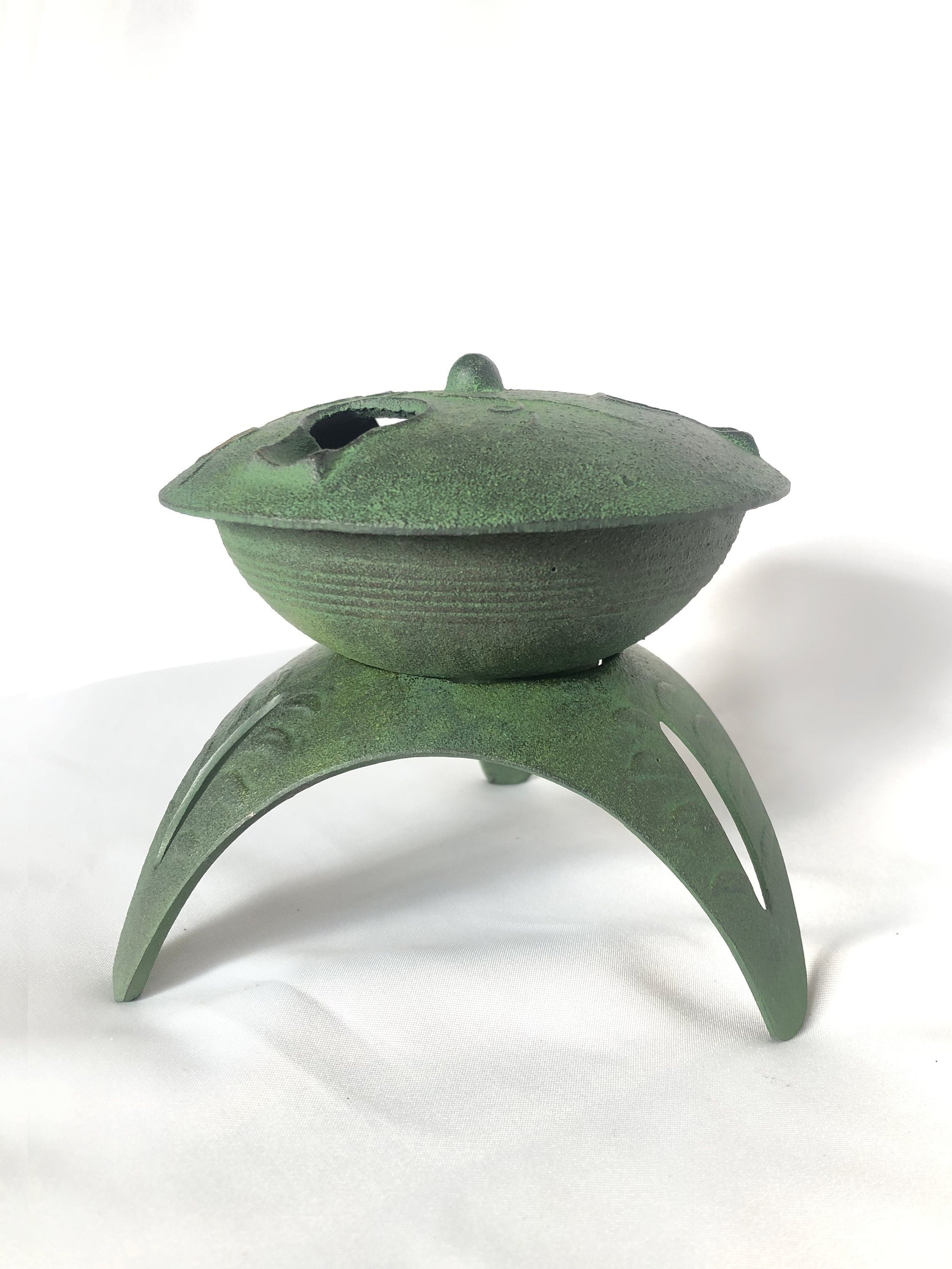 Japanese iron cast miniature incense burner - green lantern