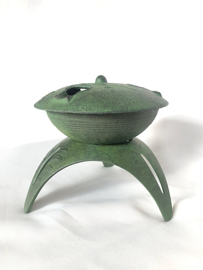 Japanese iron cast miniature incense burner - green lantern