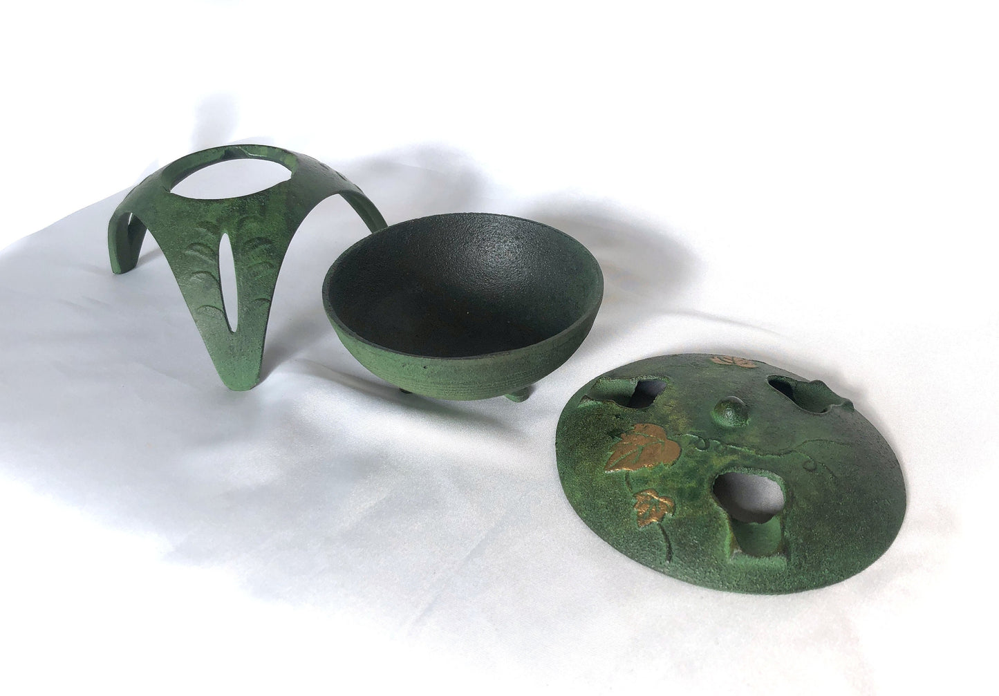 Japanese iron cast miniature incense burner - green lantern