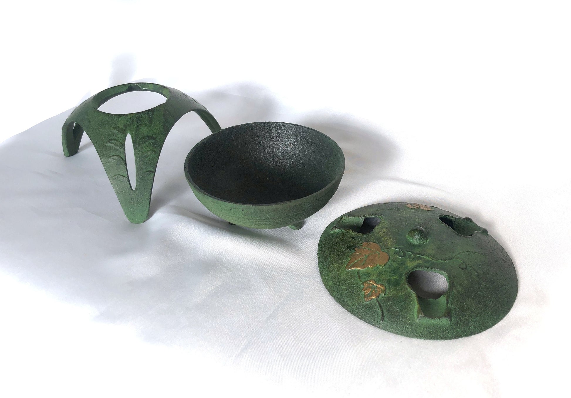 Japanese iron cast miniature incense burner - green lantern