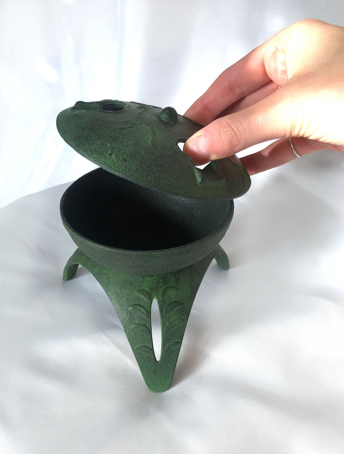 Japanese iron cast miniature incense burner - green lantern
