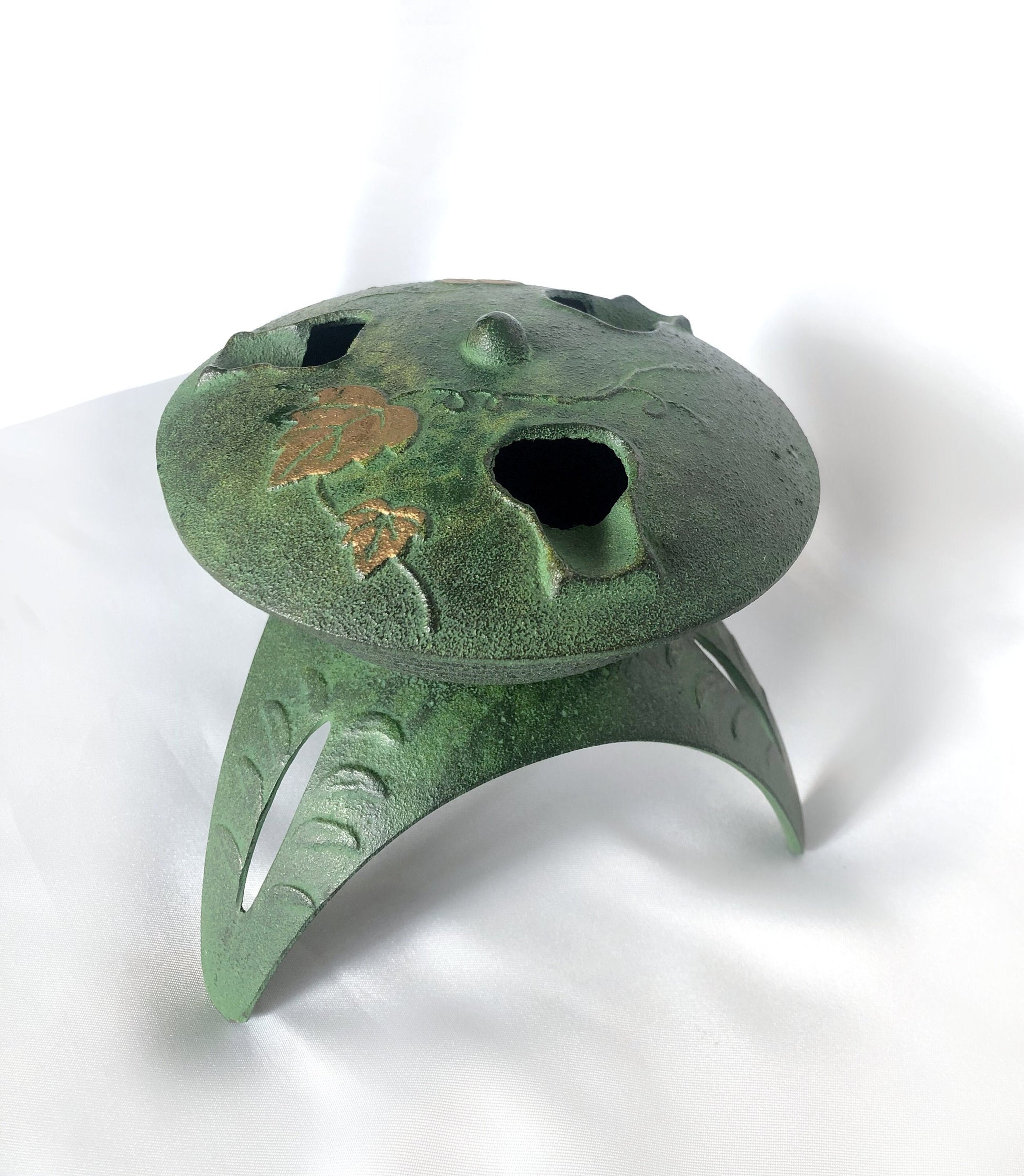 Japanese iron cast miniature incense burner - green lantern