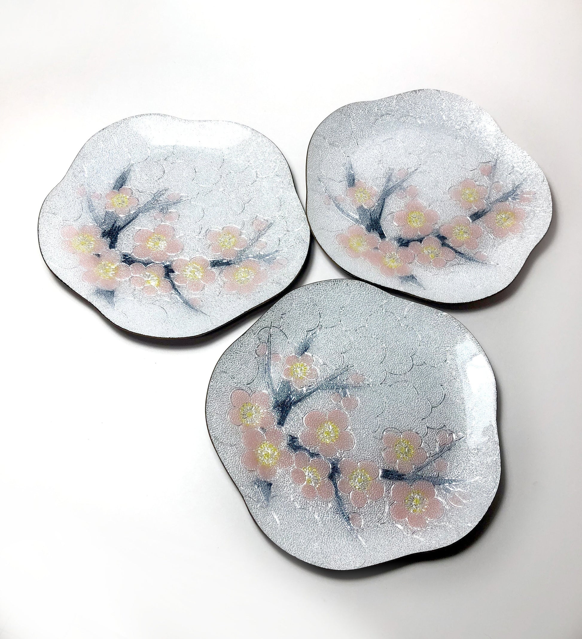 Japanese glass enamel plates "shippoyaki" - plum blossoms