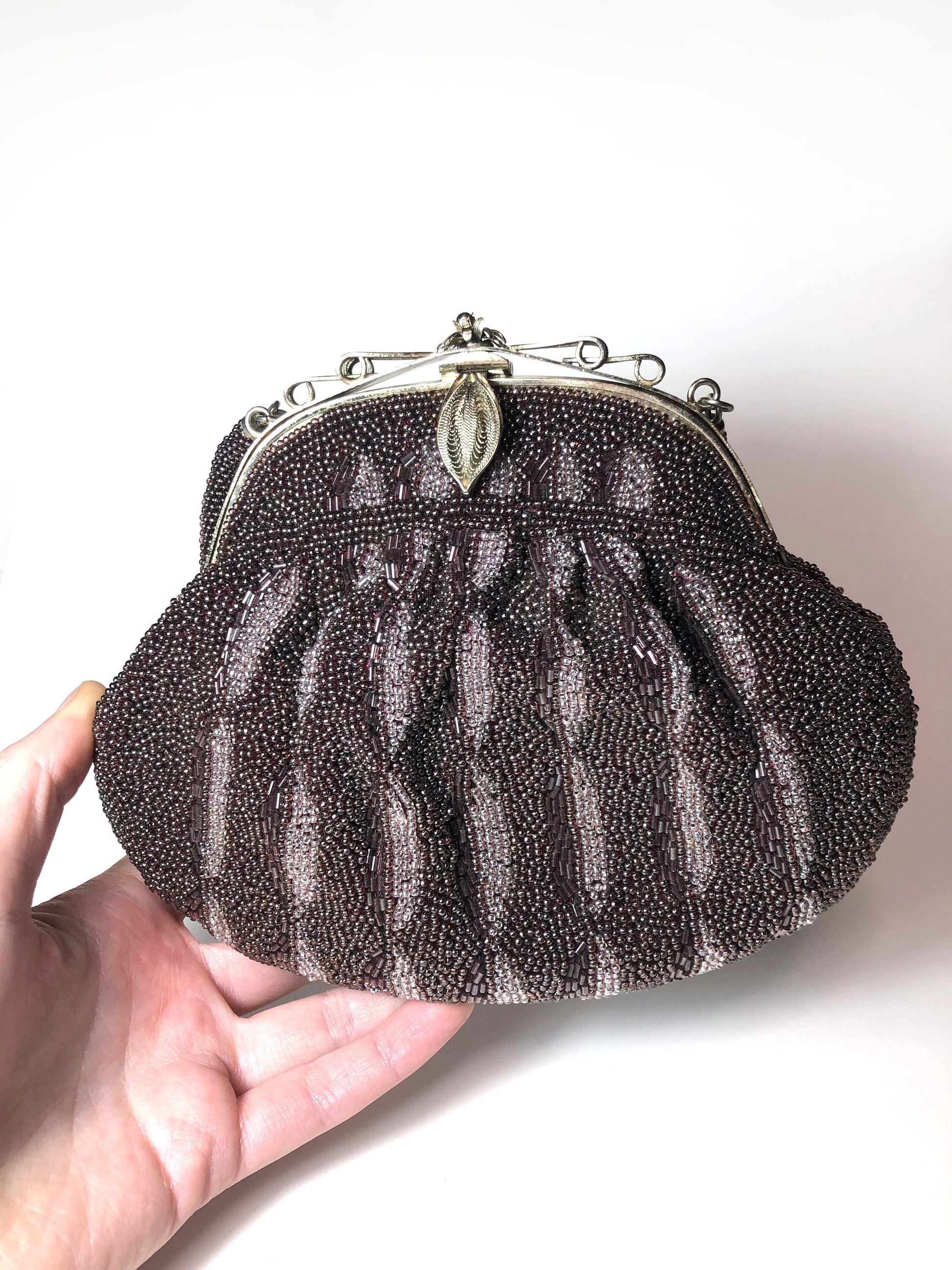 Vintage kimono handbag - beaded purple with geometric pattern