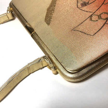Vintage kimono handbag - elegant golden and orange with golden ribbons and metallic flowers