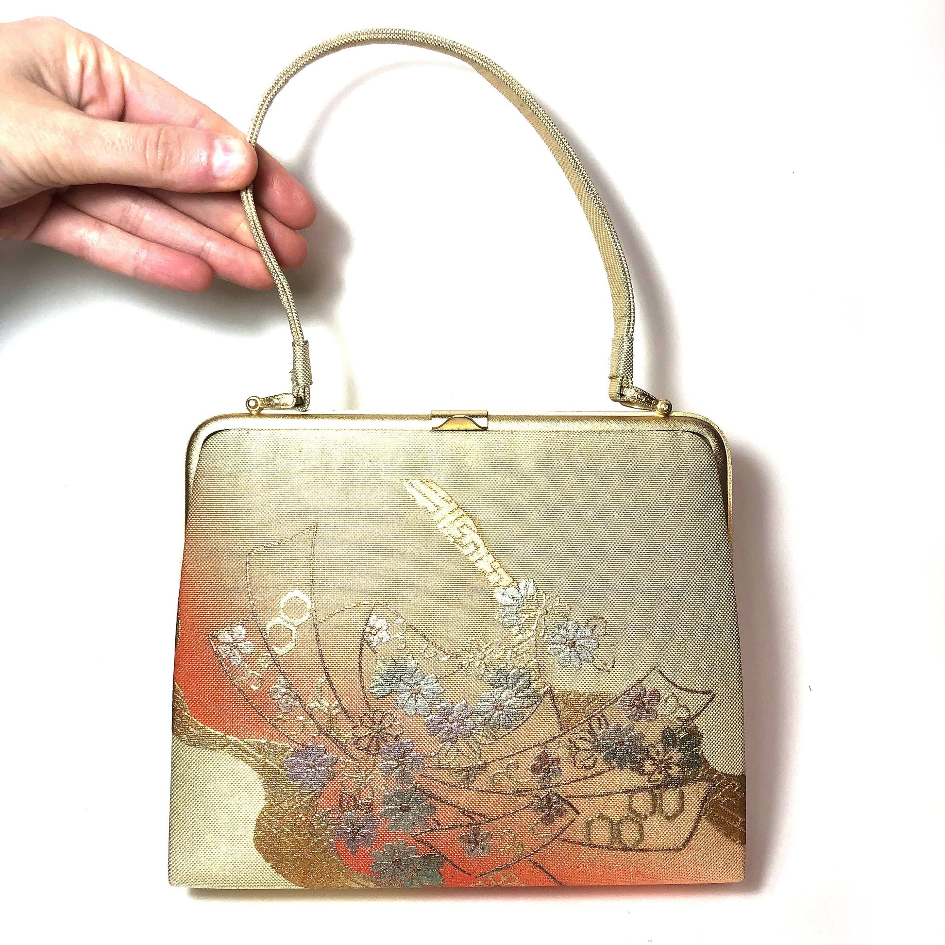 Vintage kimono handbag - elegant golden and orange with golden ribbons and metallic flowers