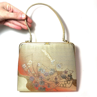 Vintage kimono handbag - elegant golden and orange with golden ribbons and metallic flowers