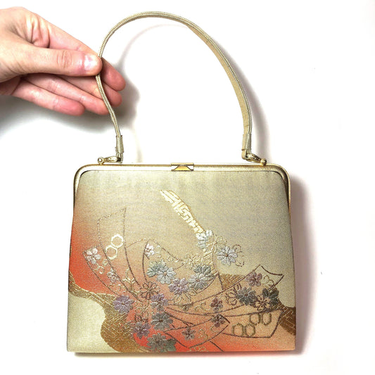 Vintage kimono handbag - elegant golden and orange with golden ribbons and metallic flowers