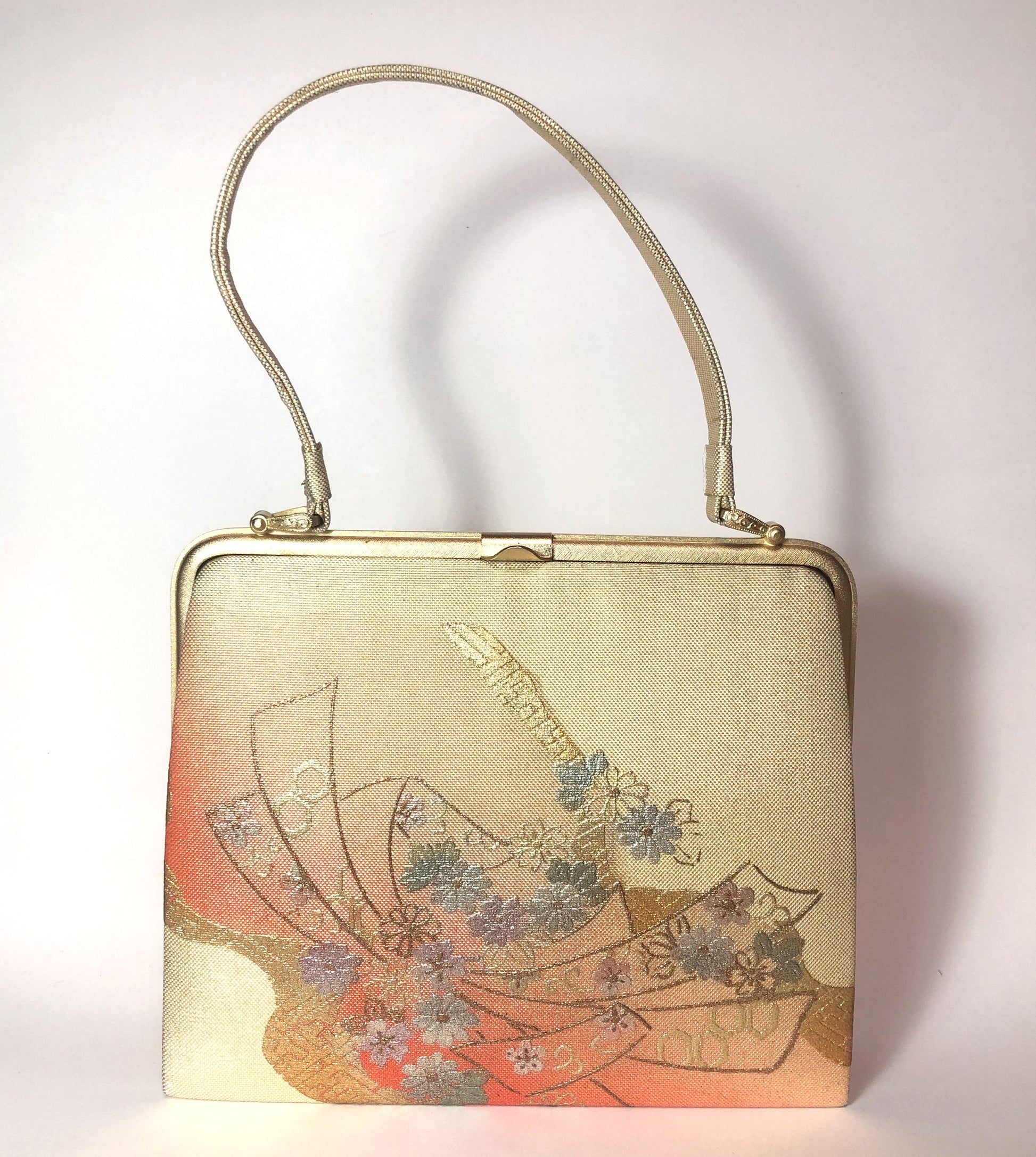 Vintage kimono handbag - elegant golden and orange with golden ribbons and metallic flowers