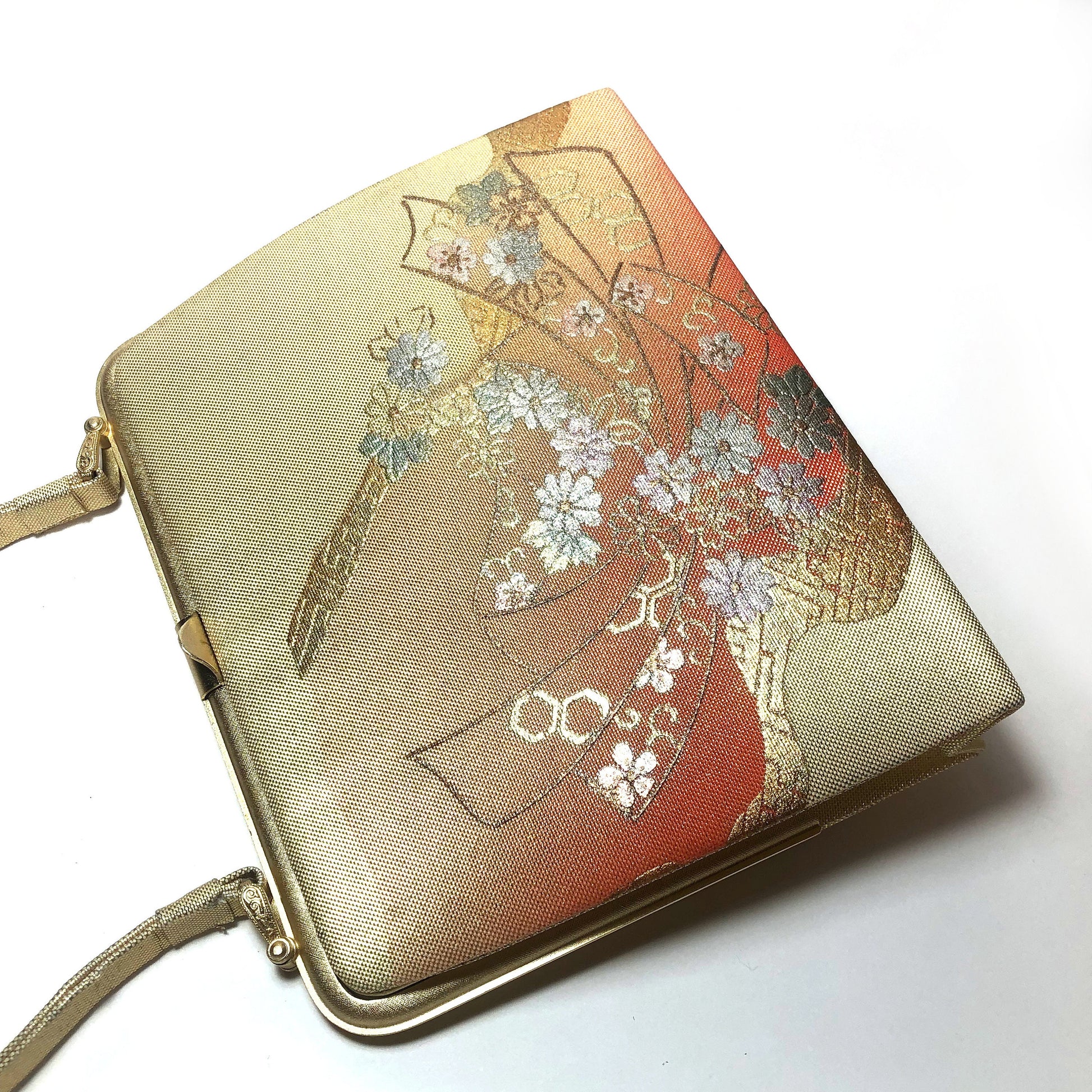 Vintage kimono handbag - elegant golden and orange with golden ribbons and metallic flowers
