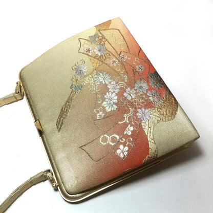 Vintage kimono handbag - elegant golden and orange with golden ribbons and metallic flowers