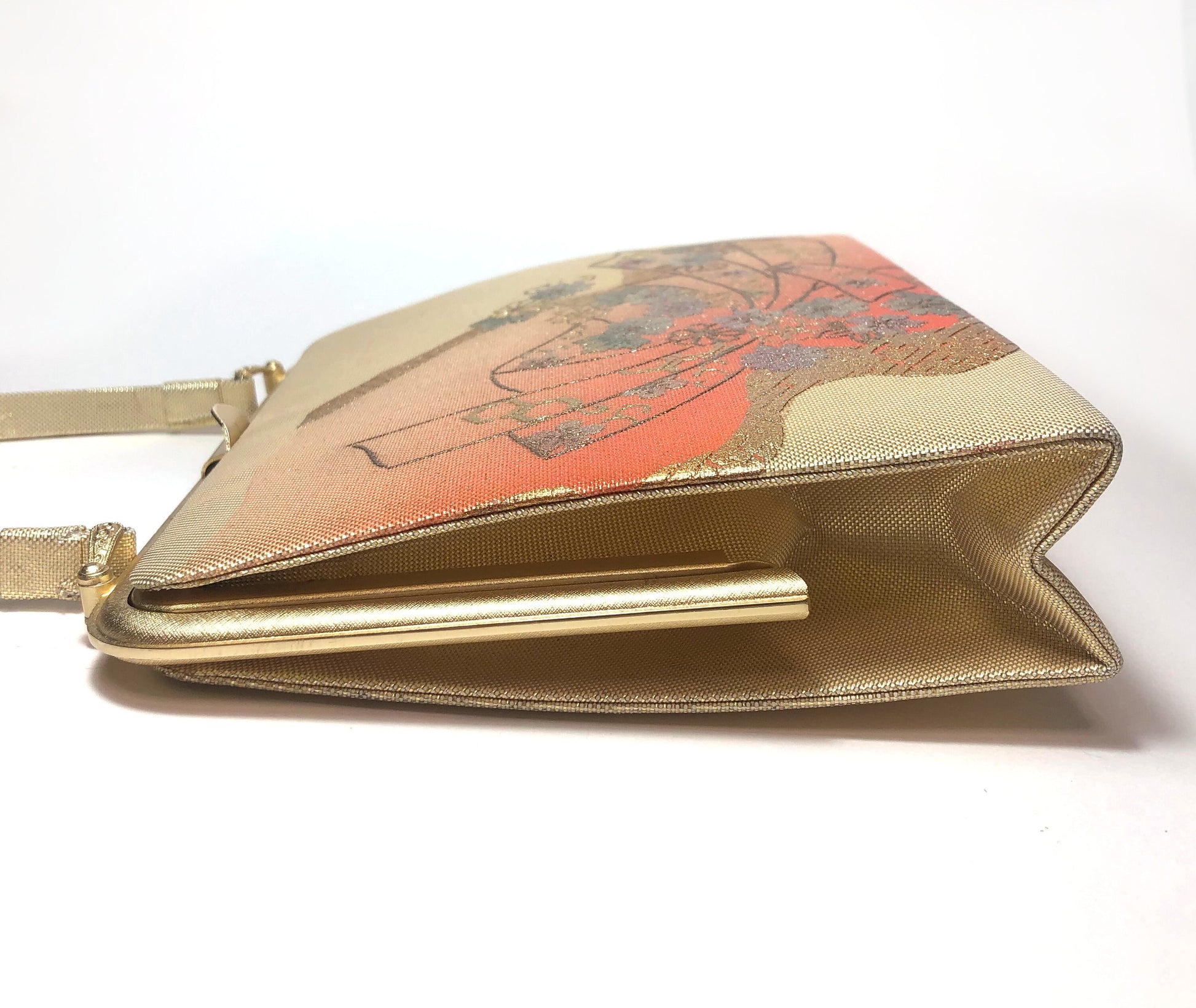 Vintage kimono handbag - elegant golden and orange with golden ribbons and metallic flowers