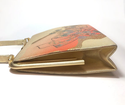 Vintage kimono handbag - elegant golden and orange with golden ribbons and metallic flowers