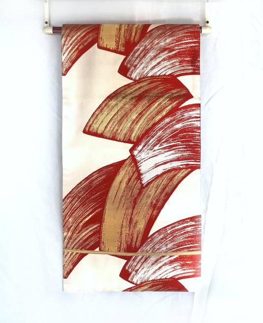 Vintage Nagoya obi - retro modern off-white with red, golden, and silver brush stroke pattern