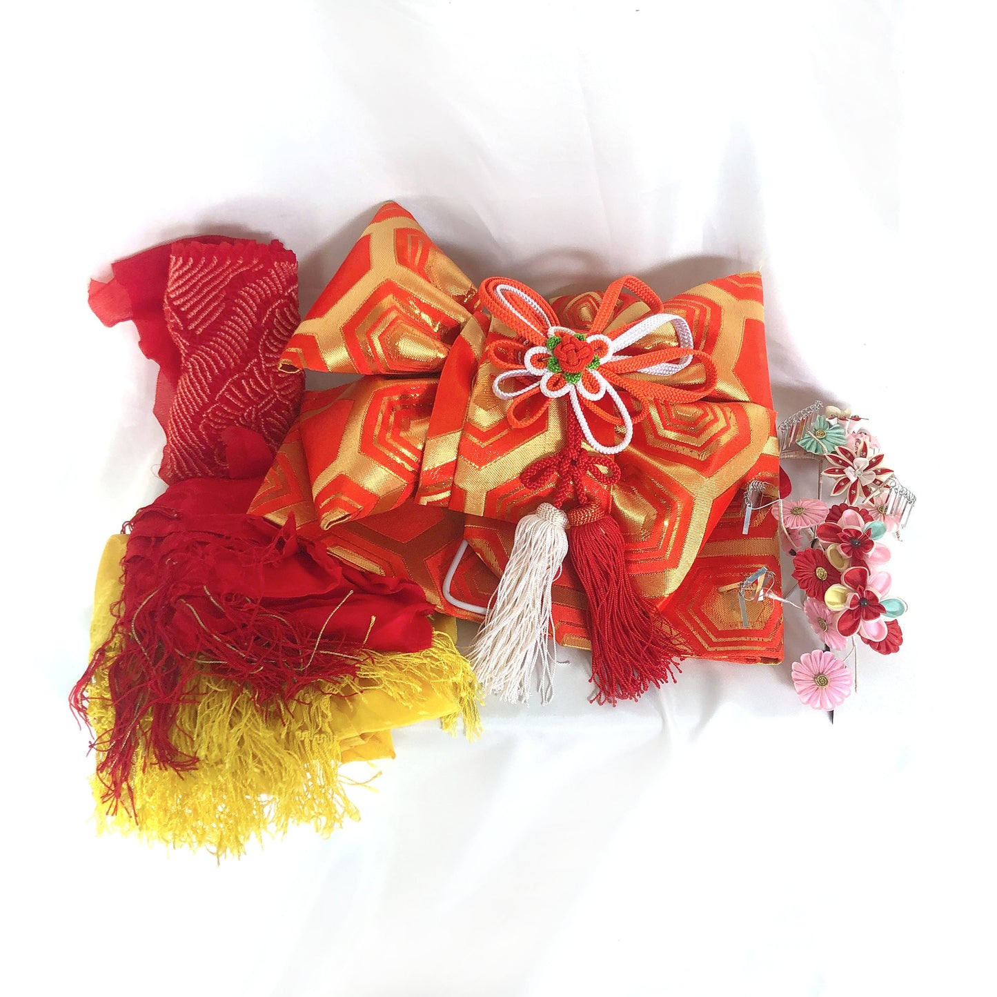 Instant vintage obi set - festive ribbon tie in gold and red, set of sashes, and hair accessories