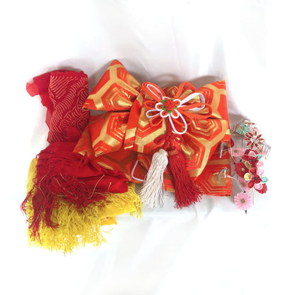 Instant vintage obi set - festive ribbon tie in gold and red, set of sashes, and hair accessories