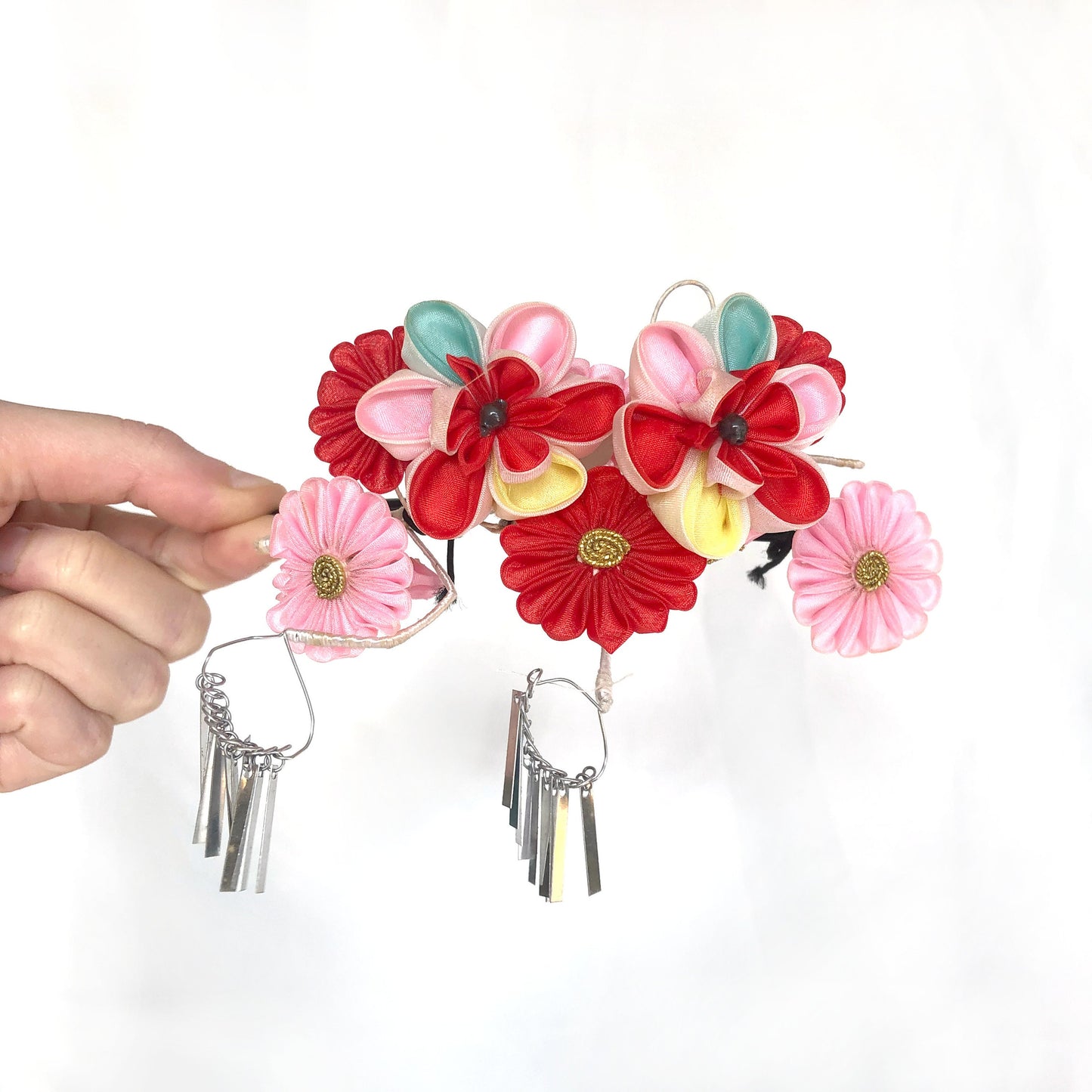 Instant vintage obi set - festive ribbon tie in gold and red, set of sashes, and hair accessories