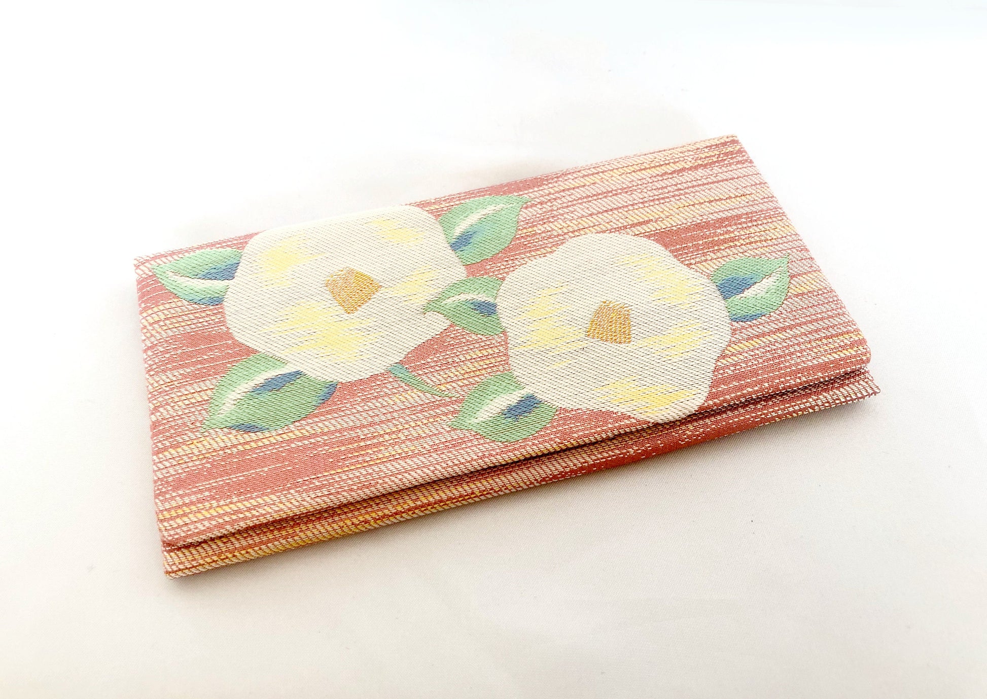 Vintage Japanese slim jacquard wallet - powder pink with white camellia flowers