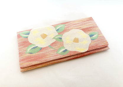 Vintage Japanese slim jacquard wallet - powder pink with white camellia flowers