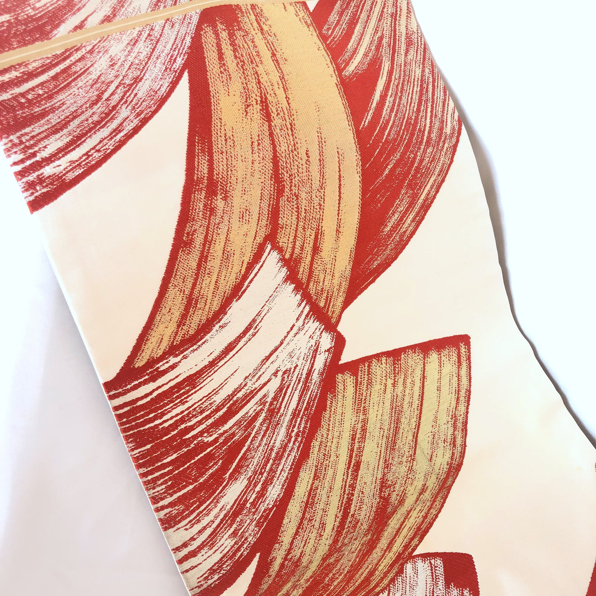 Vintage Nagoya obi - retro modern off-white with red, golden, and silver brush stroke pattern