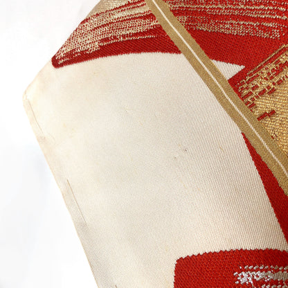 Vintage Nagoya obi - retro modern off-white with red, golden, and silver brush stroke pattern