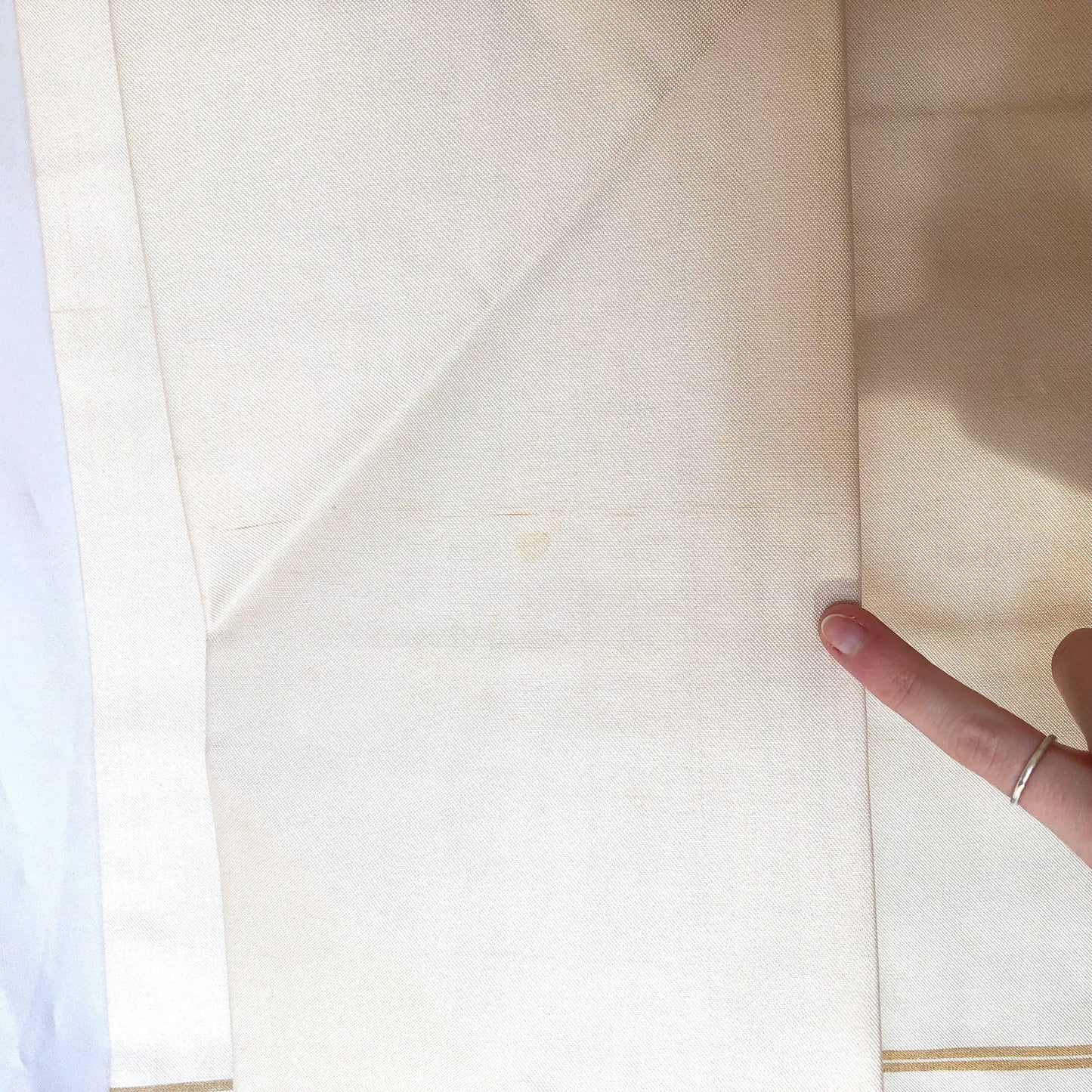 Vintage Nagoya obi - retro modern off-white with red, golden, and silver brush stroke pattern