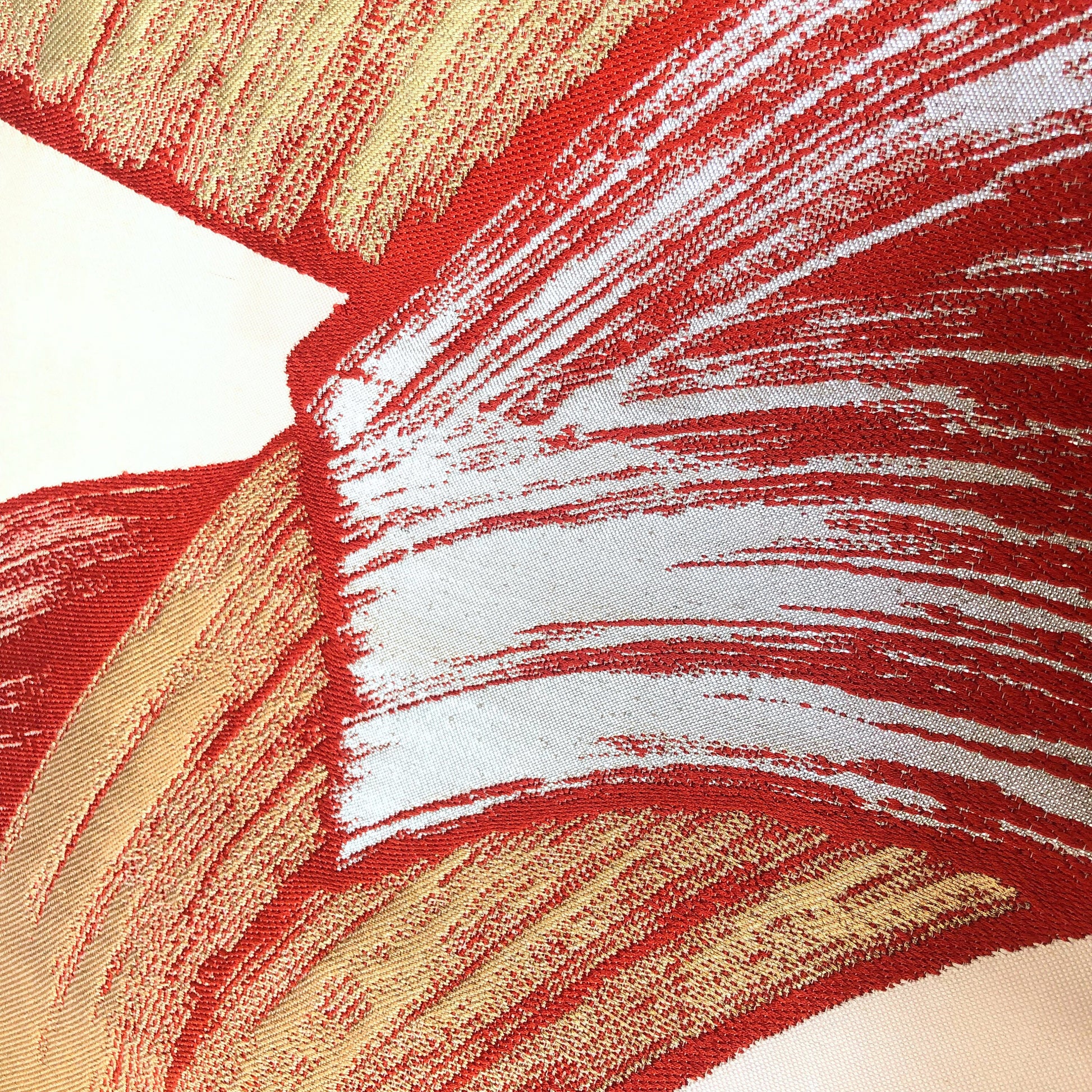 Vintage Nagoya obi - retro modern off-white with red, golden, and silver brush stroke pattern