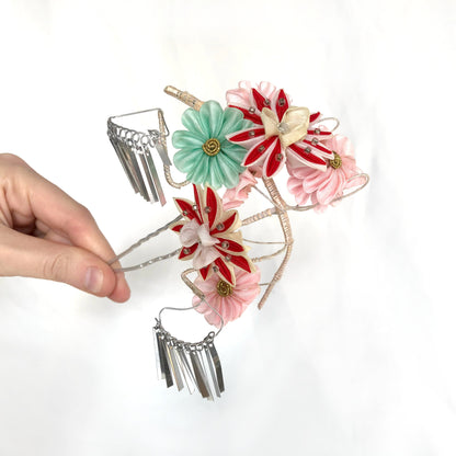 Instant vintage obi set - festive ribbon tie in gold and red, set of sashes, and hair accessories