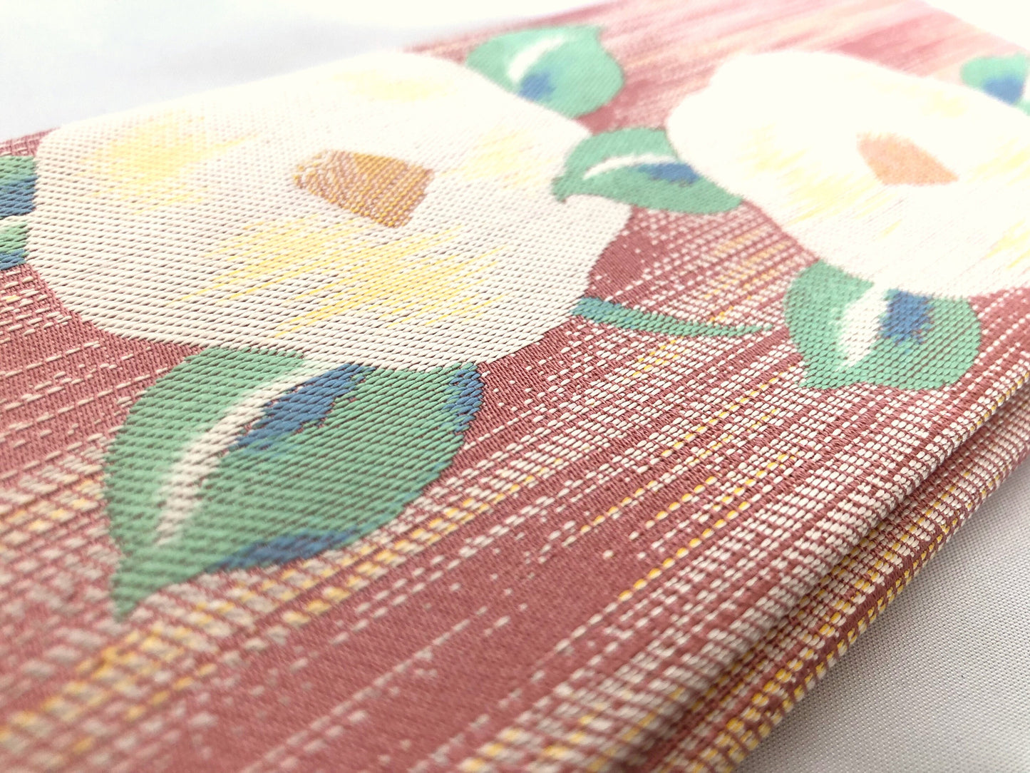 Vintage Japanese slim jacquard wallet - powder pink with white camellia flowers