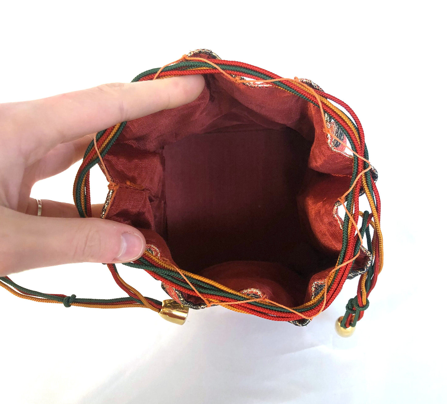 Elegant Japanese drawstring bag kinchaku - red, black, and golden