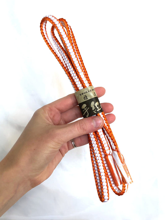 Vivid silk obijime - thin belt with tassels - orange and white