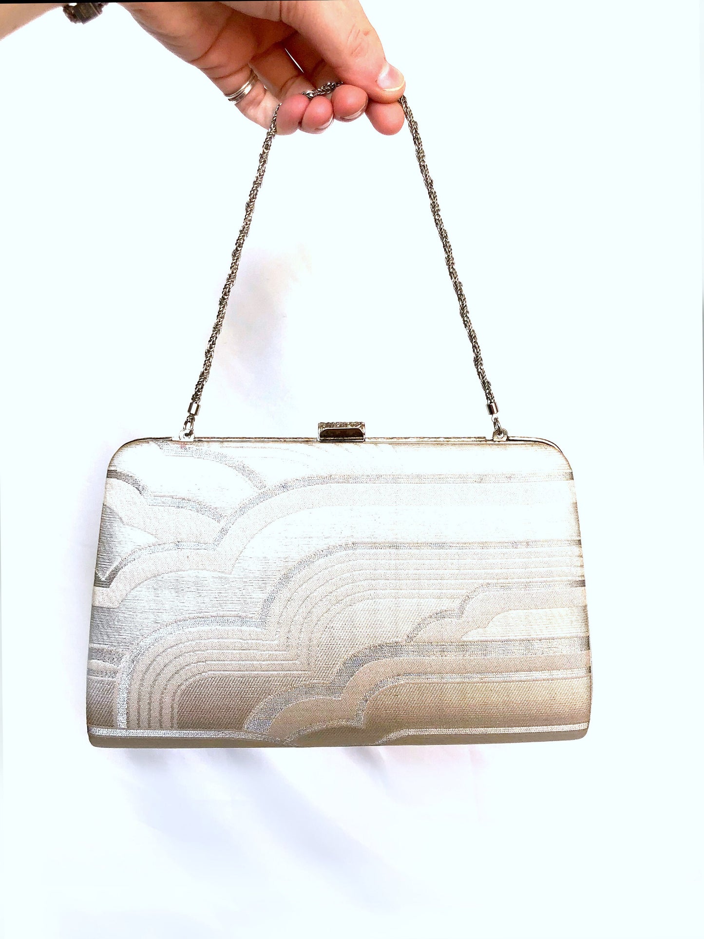 Vintage kimono handbag - two-way silver with bold geometric pattern