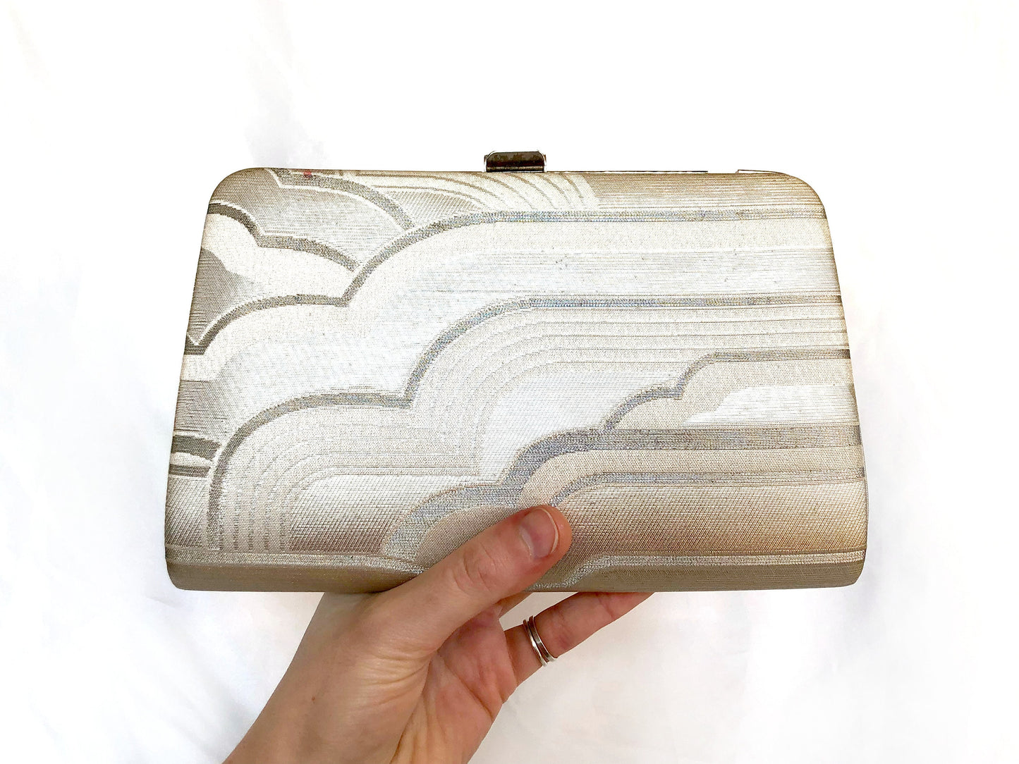 Vintage kimono handbag - two-way silver with bold geometric pattern