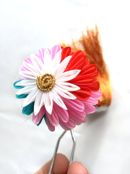 Vintage Japanese hair accessory - colorful chrysanthemum flower with a tassel