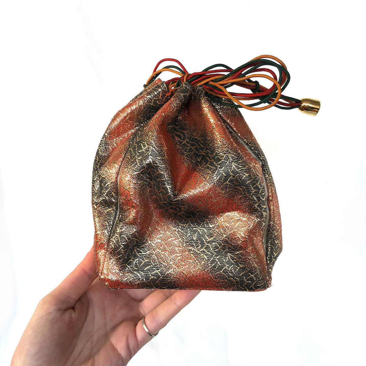Elegant Japanese drawstring bag kinchaku - red, black, and golden