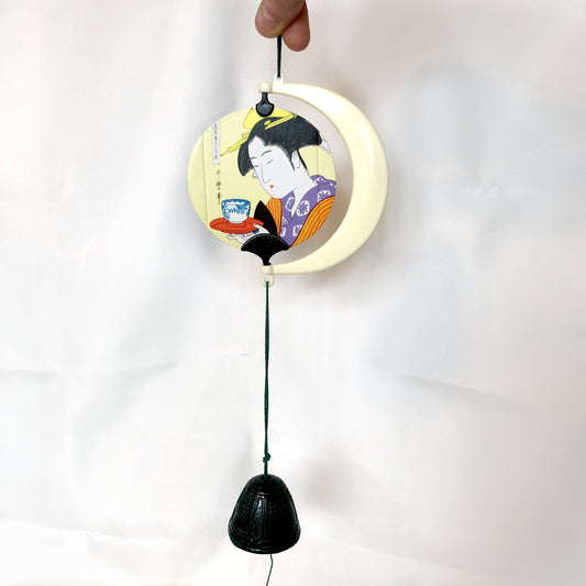 Cast iron wind chime (fuurin) - spinning uchiwa fan with ukiyo-e pattern