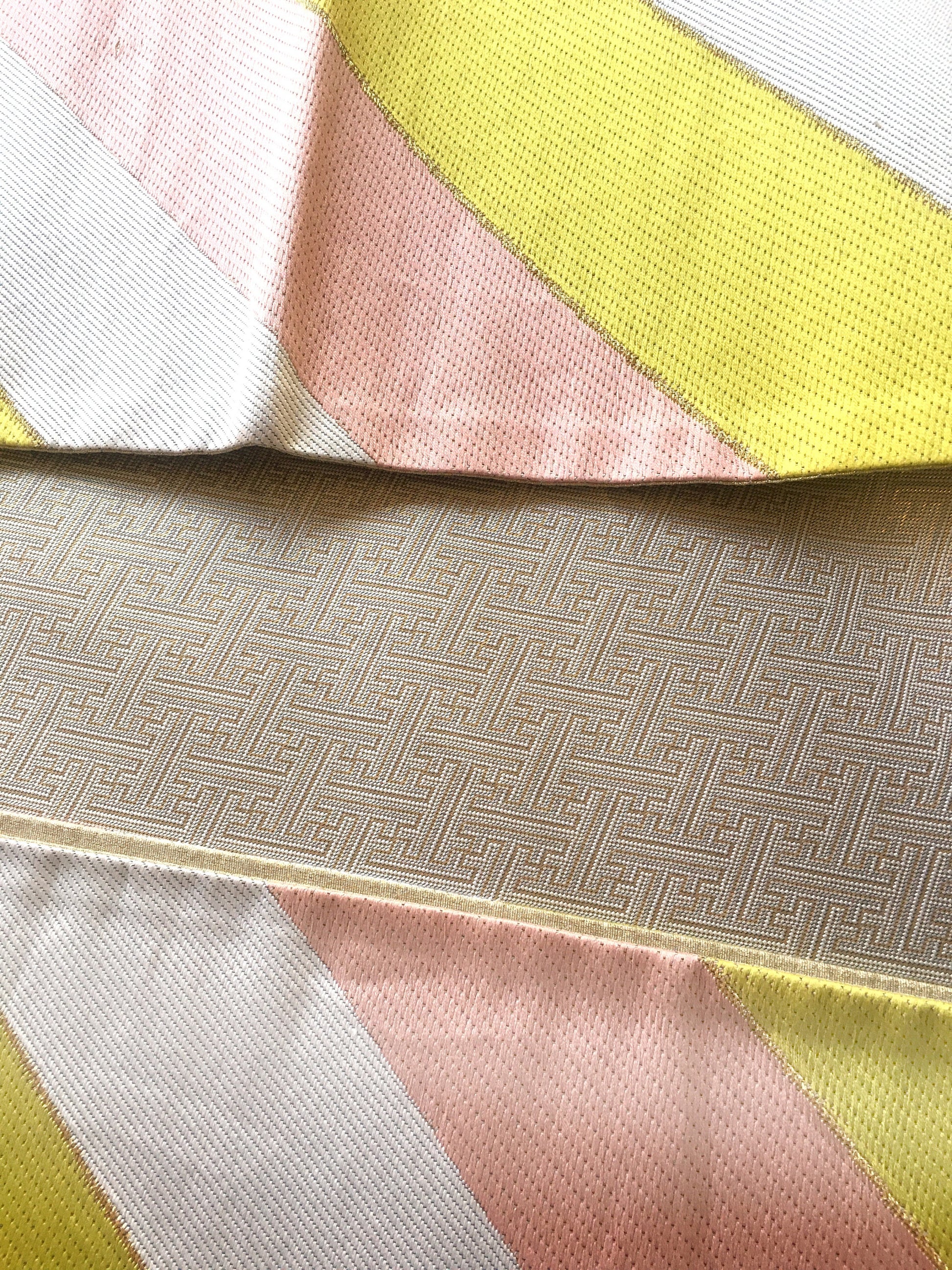Unique fukuro obi - dancing obi - pastel pink, greenish yellow, and white stripes
