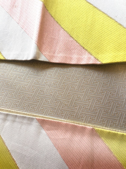 Unique fukuro obi - dancing obi - pastel pink, greenish yellow, and white stripes