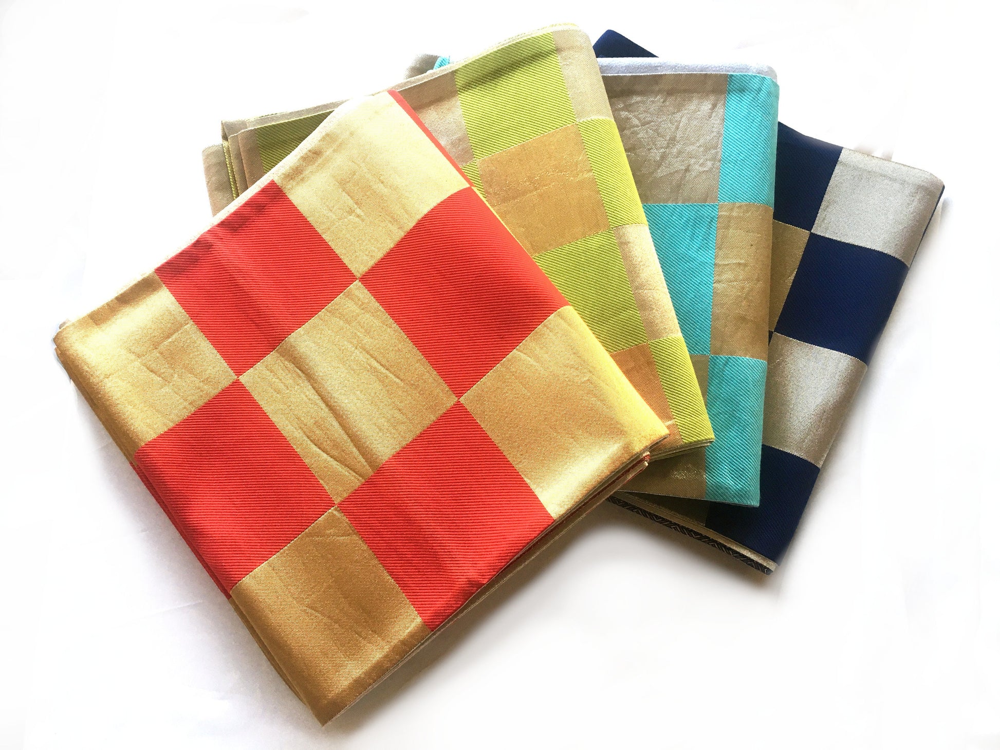 Unique fukuro obi - dancing obi - fresh green, golden, and silver checkers