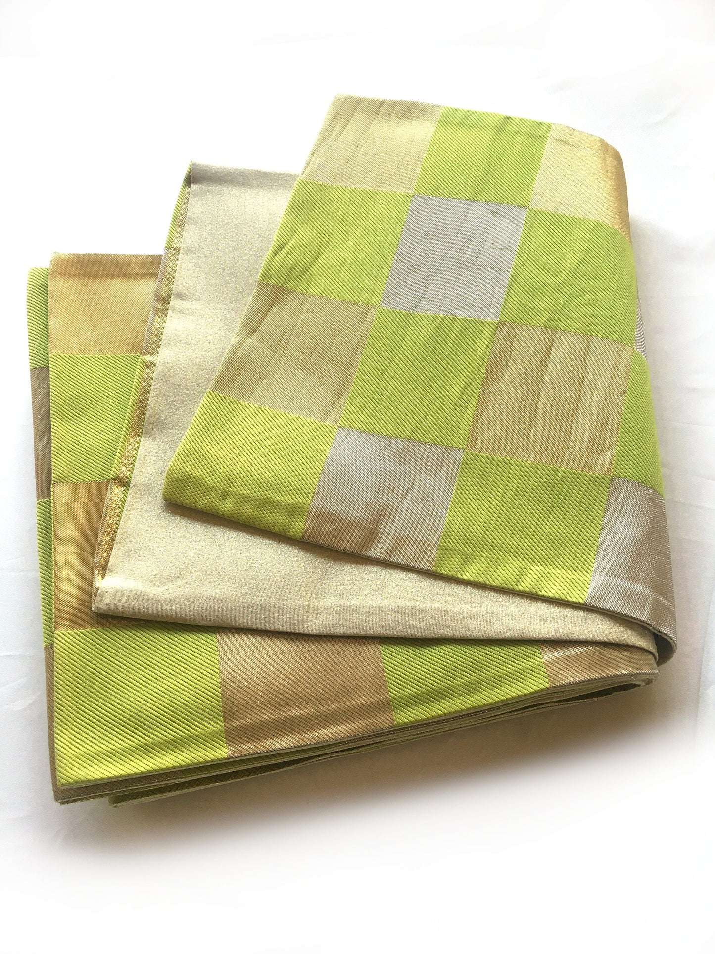 Unique fukuro obi - dancing obi - fresh green, golden, and silver checkers