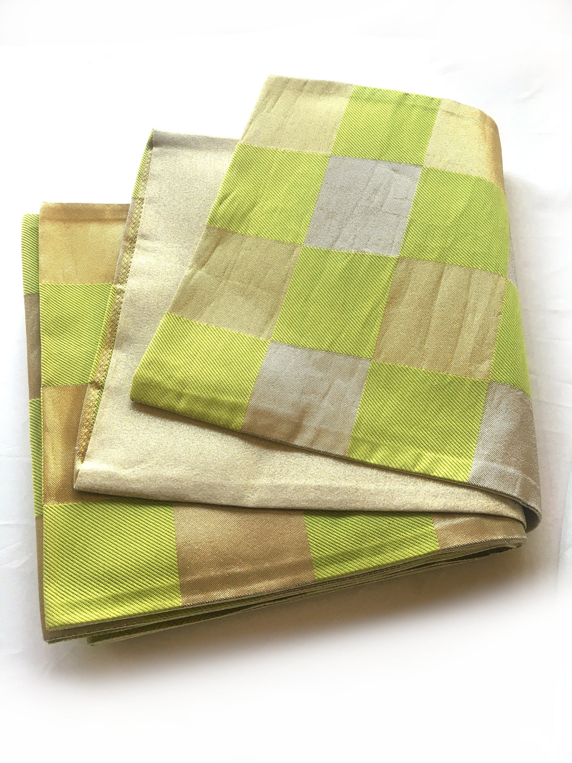 Unique fukuro obi - dancing obi - fresh green, golden, and silver checkers