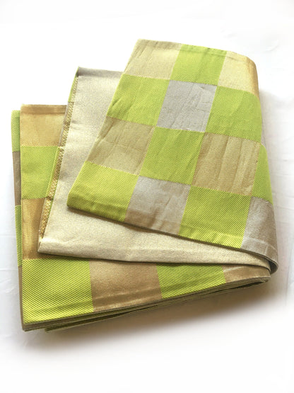 Unique fukuro obi - dancing obi - fresh green, golden, and silver checkers