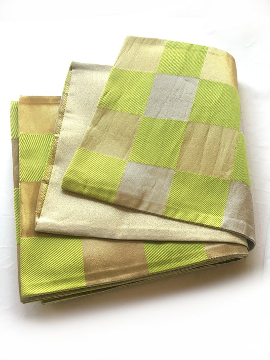 Unique fukuro obi - dancing obi - fresh green, golden, and silver checkers