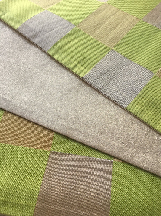 Unique fukuro obi - dancing obi - fresh green, golden, and silver checkers