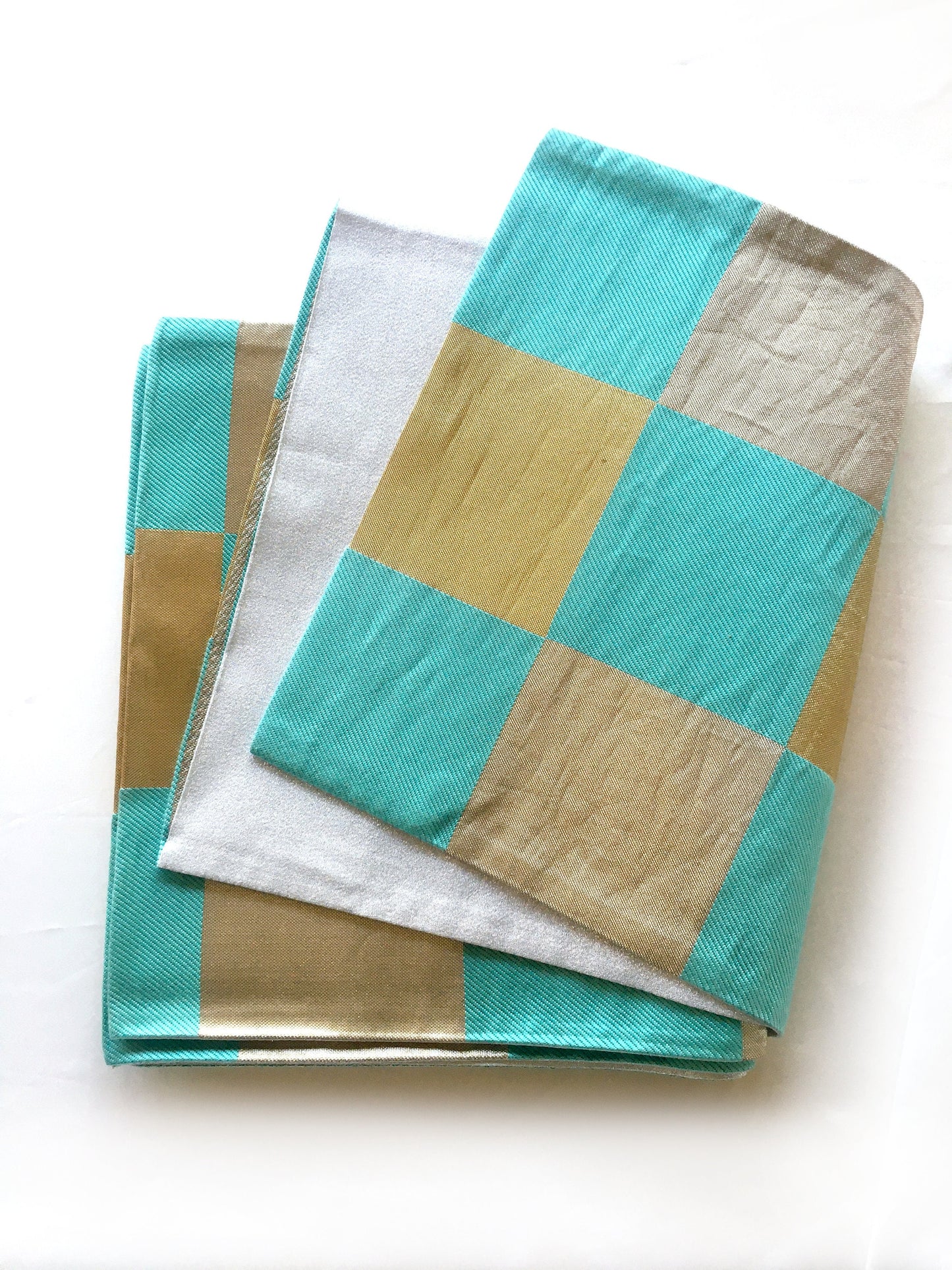 Unique fukuro obi - dancing obi - light blue, golden, and silver checkers