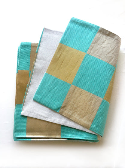 Unique fukuro obi - dancing obi - light blue, golden, and silver checkers