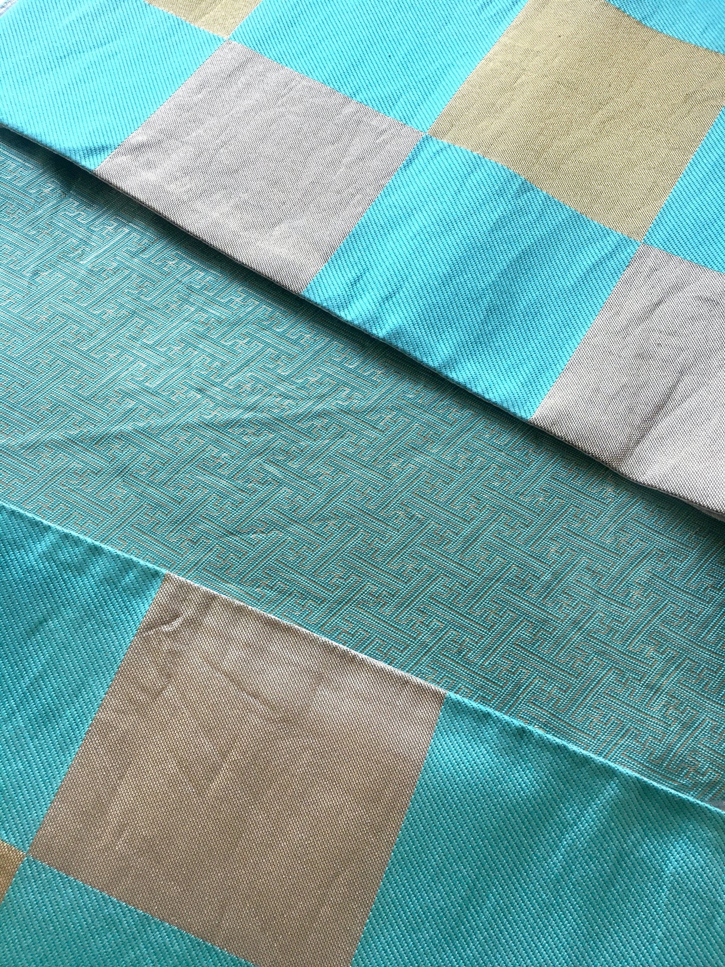 Unique fukuro obi - dancing obi - light blue, golden, and silver checkers