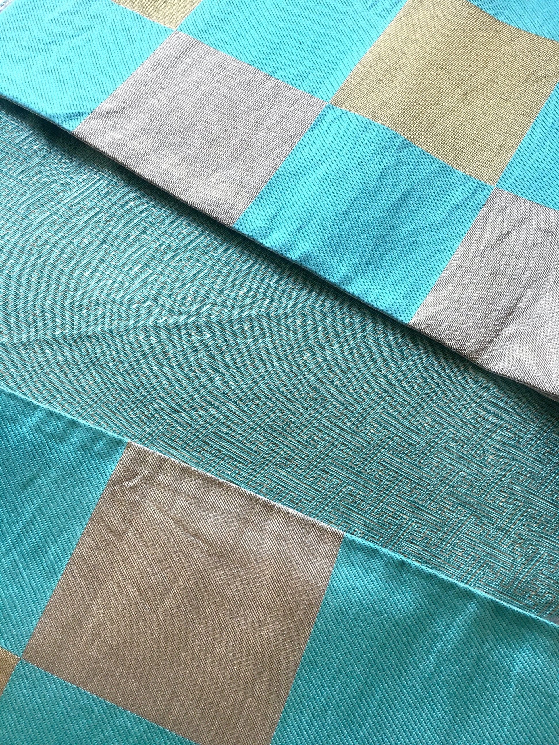 Unique fukuro obi - dancing obi - light blue, golden, and silver checkers