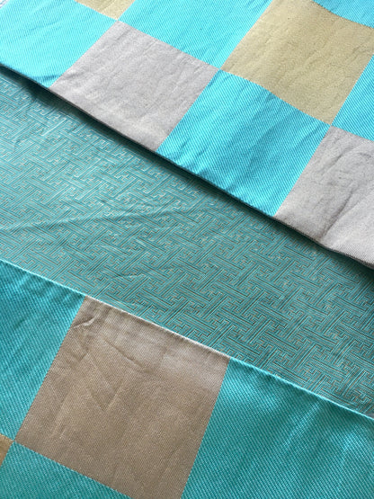 Unique fukuro obi - dancing obi - light blue, golden, and silver checkers